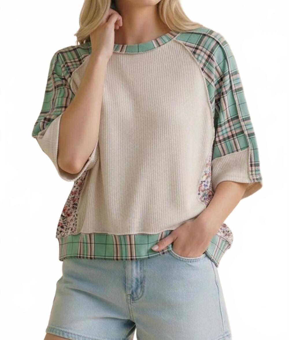 NEW HAPTICS oversized plaid and floral color block top in teal